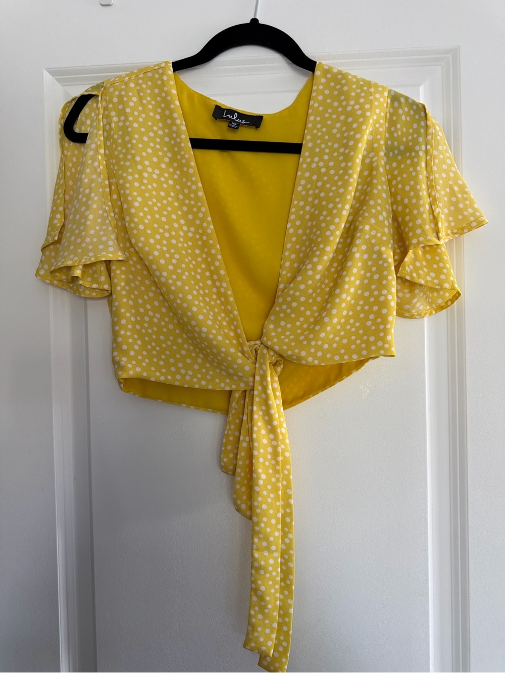 Lulu's Yellow White Polka Dot Tie-Front Crop Top